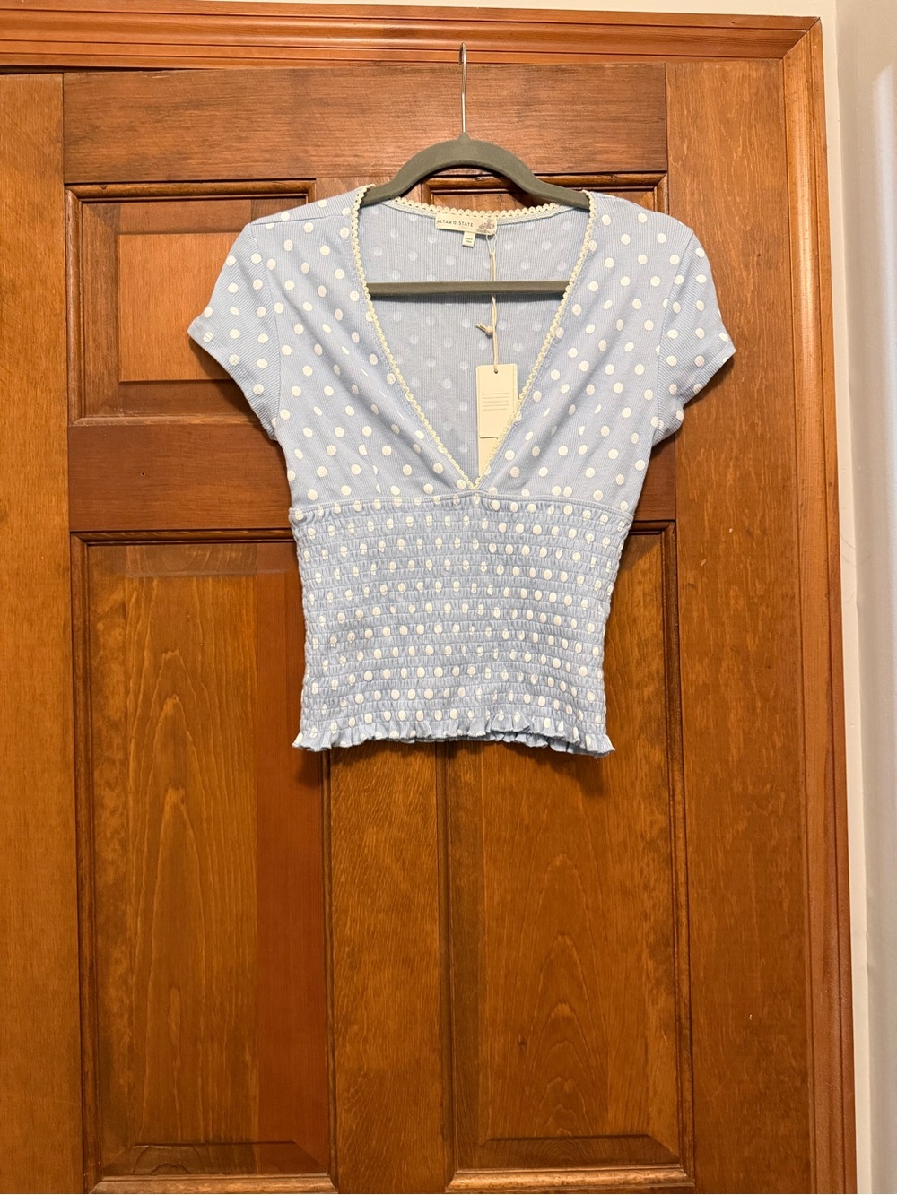 Altar'd State Light Blue Polka Dot Smocked V-Neck Crop Top